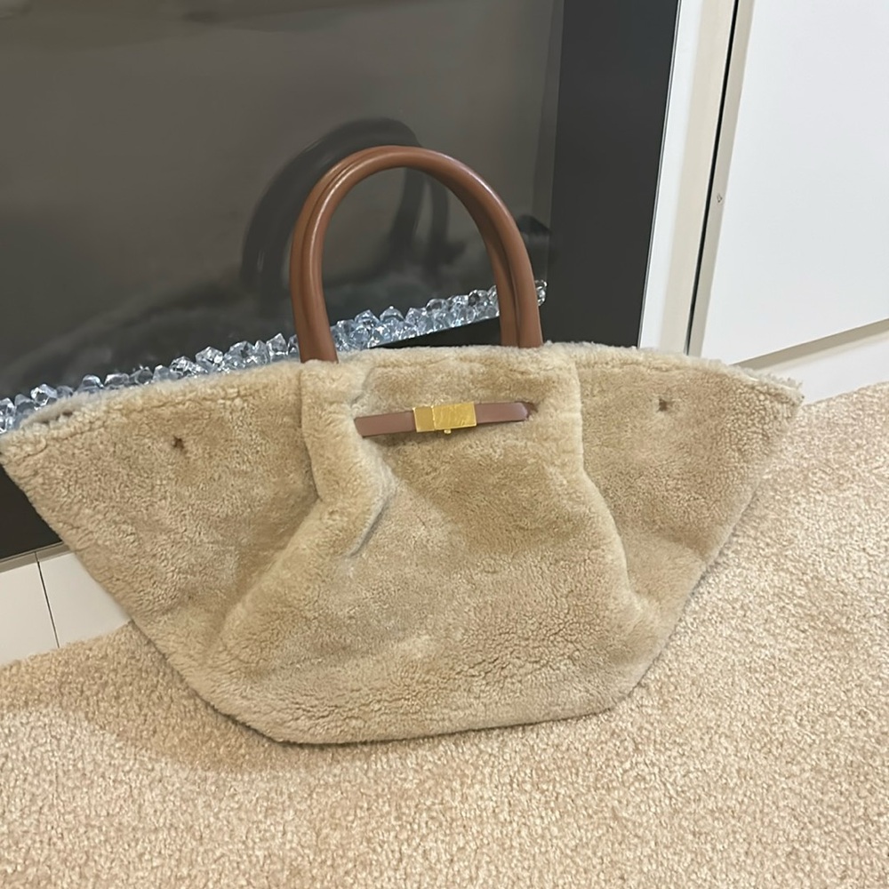 DeMellier Beige Shearling Tote with Brown Handles and Gold Accent